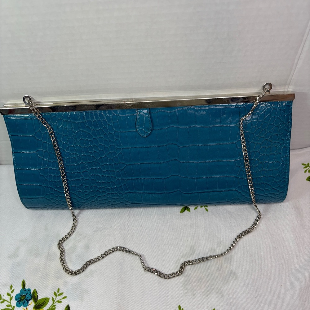 Aldo Teal Faux Leather Crocodile-Embossed Clutch with Silver Chain